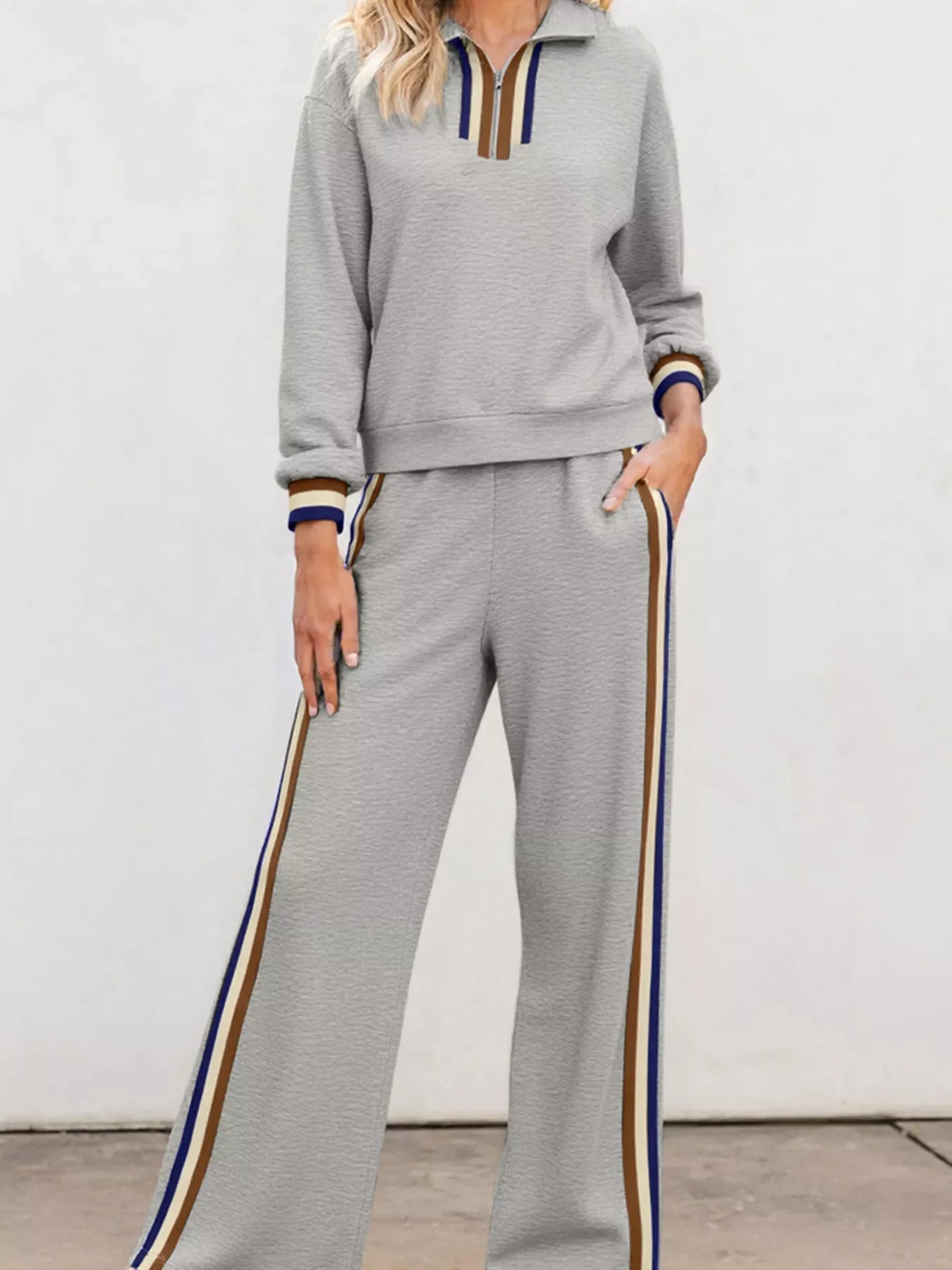 Hazel Blues® |  Casual Striped Trim Top and Pants Set