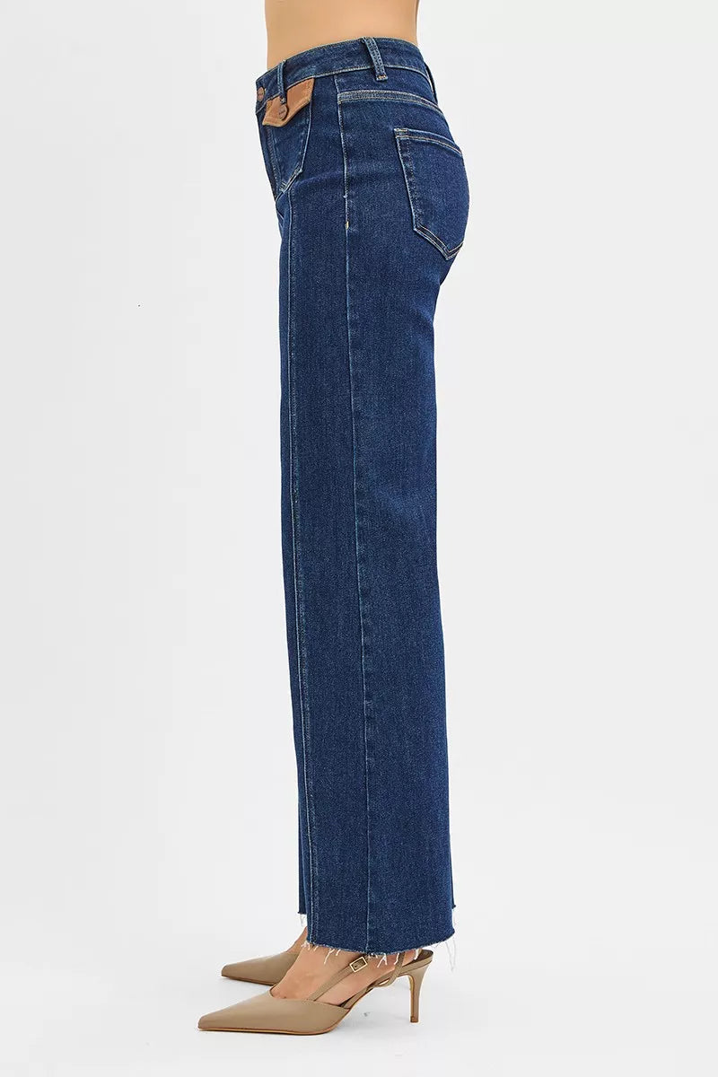 Hazel Blues® |  RISEN High Rise Wide Flare Jeans with Front Leather Pocket Detail