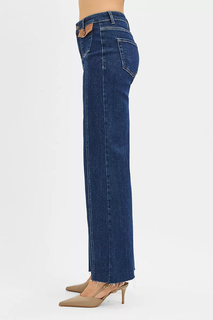 Hazel Blues® |  RISEN High Rise Wide Flare Jeans with Front Leather Pocket Detail
