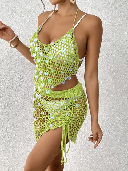Hazel Blues® |  Halter Neck Crochet Knit Top and Skirt Cover Up Set