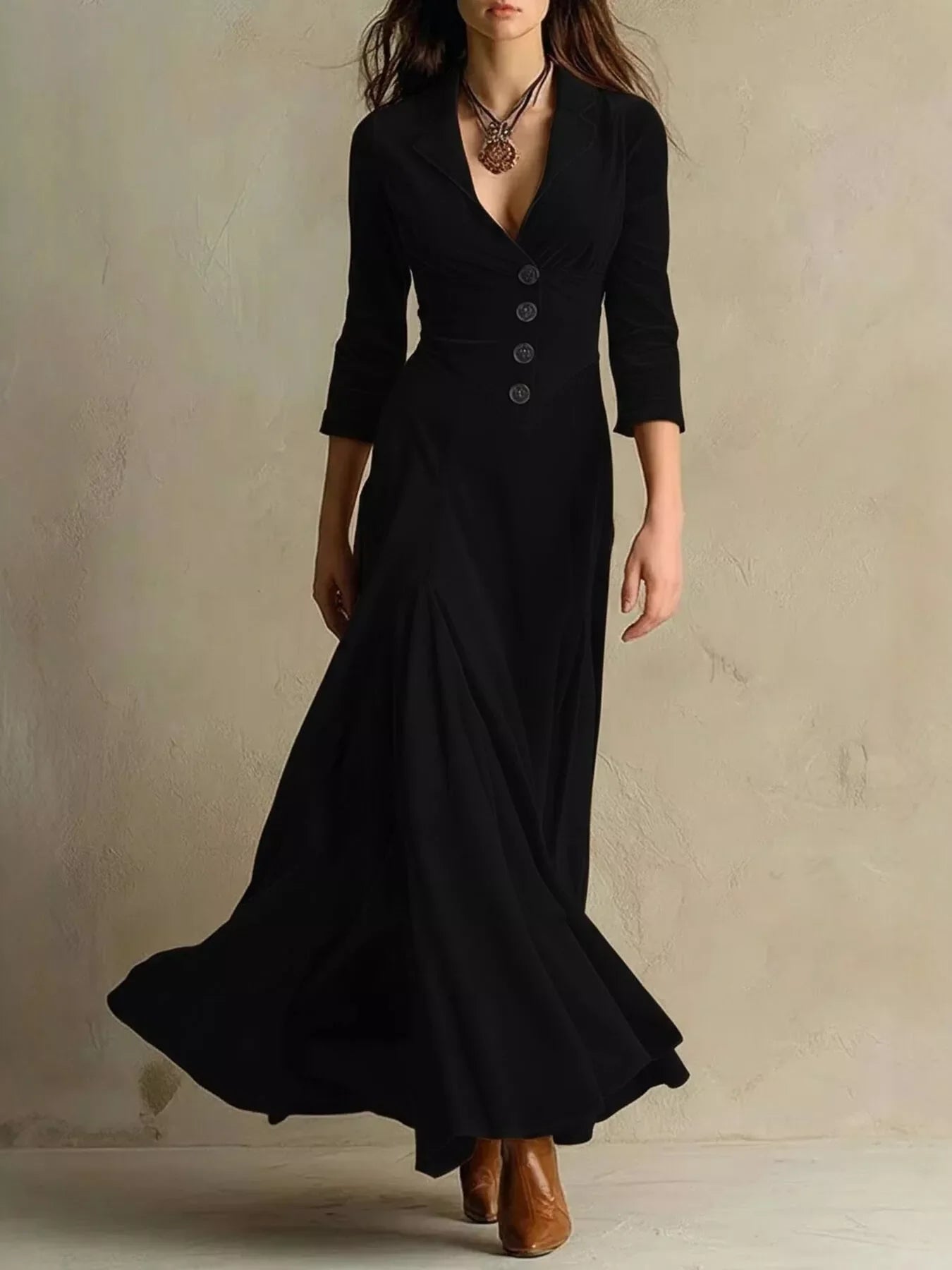 Hazel Blues® |  Velvet Button Front 3/4 Sleeve Maxi Dress