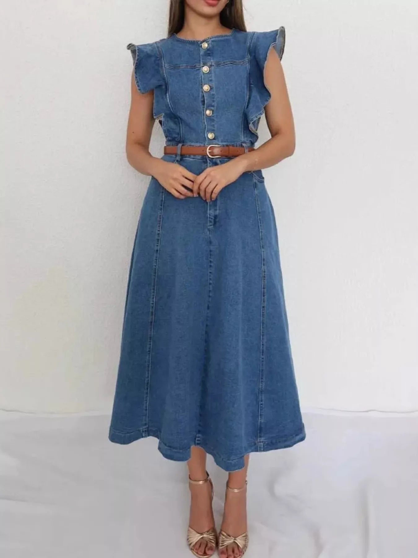 Hazel Blues® |  Ruffled Button Front Denim Dress