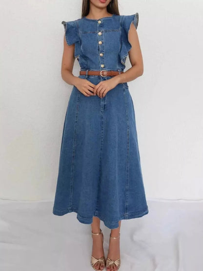 Hazel Blues® |  Ruffled Button Front Denim Dress