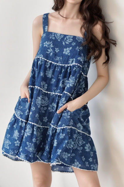 Hazel Blues® |  Floral Tiered Square Neck Denim Dress