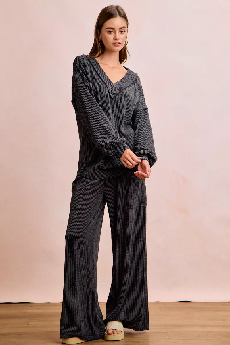Hazel Blues® |  BiBi Two Tone Cord Rib Contrast Stitching V-Neck Top and Pants Set