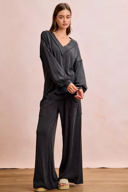 Hazel Blues® |  BiBi Two Tone Cord Rib Contrast Stitching V-Neck Top and Pants Set