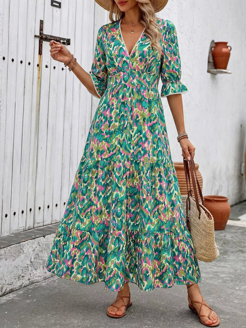 Hazel Blues® |  Printed V-Neck Flounce Sleeve Dress