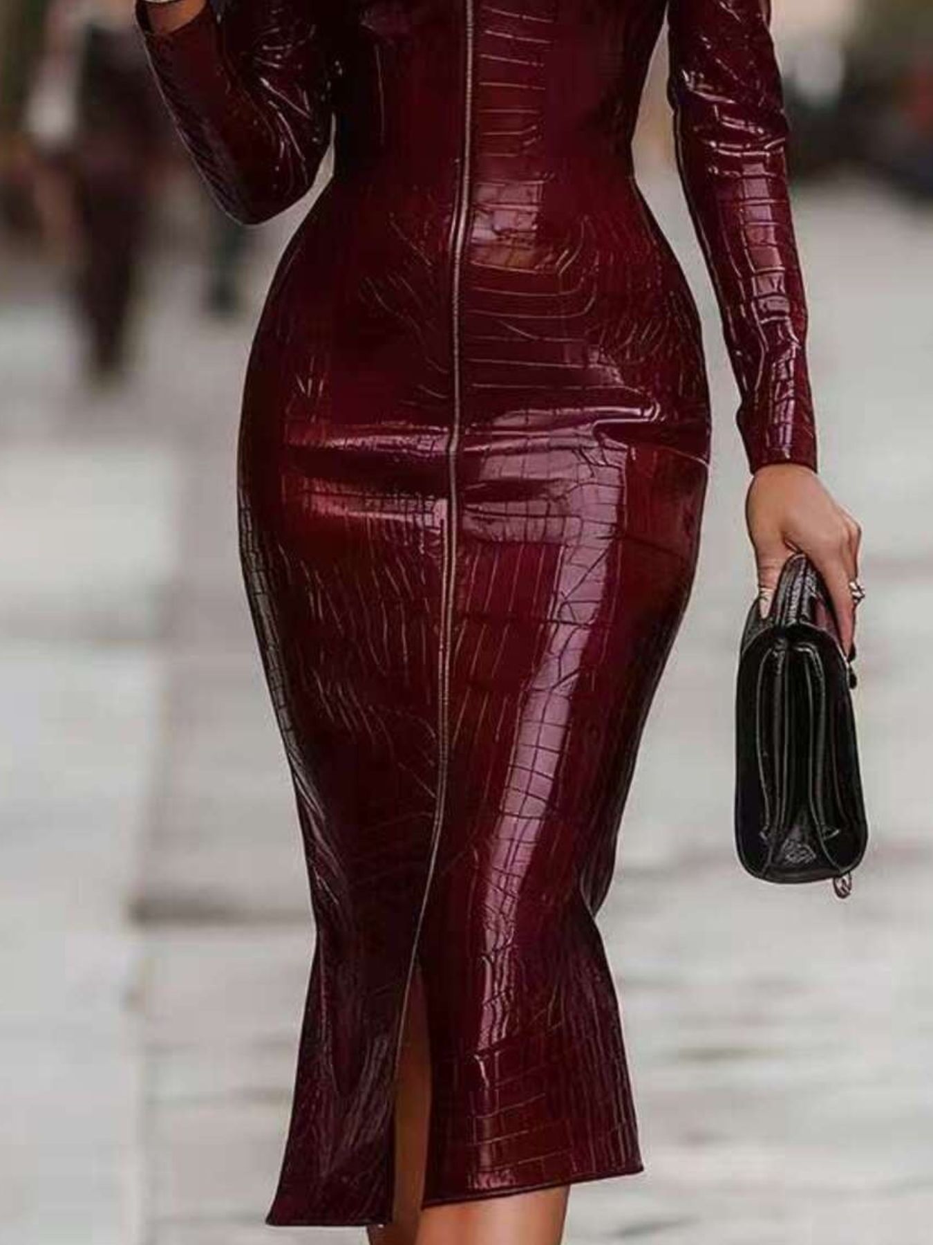 Hazel Blues® | Crocodile Embossed Zipper Front Bodycon Midi Dress