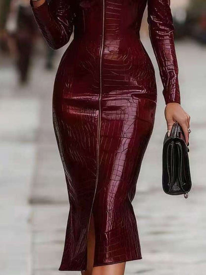 Hazel Blues® | Crocodile Embossed Zipper Front Bodycon Midi Dress