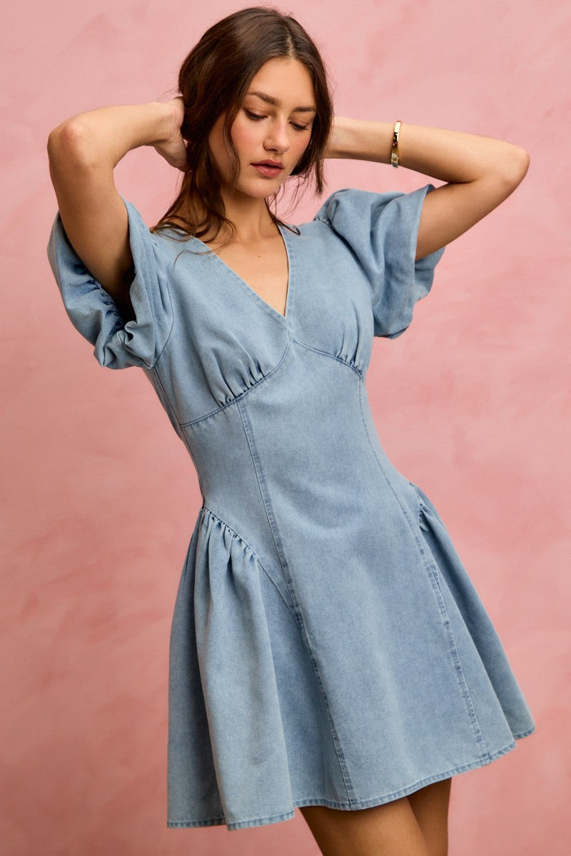 Hazel Blues® |  SO ME Bubble Sleeves Denim Fit And Flare Mini Dress