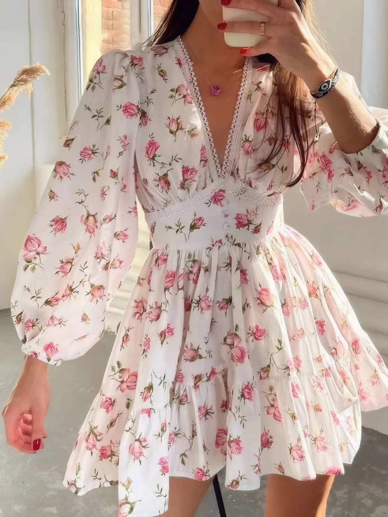 Hazel Blues® |  Floral Print Lace Detail V-Neck Mini Dress Plus SIze
