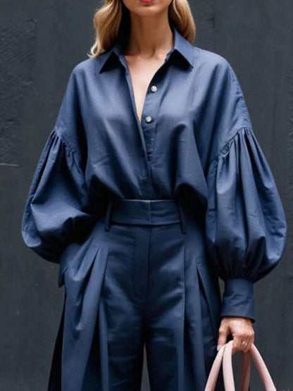 Hazel Blues® |  Lantern Sleeve Shirt and Wide Leg Pants Set