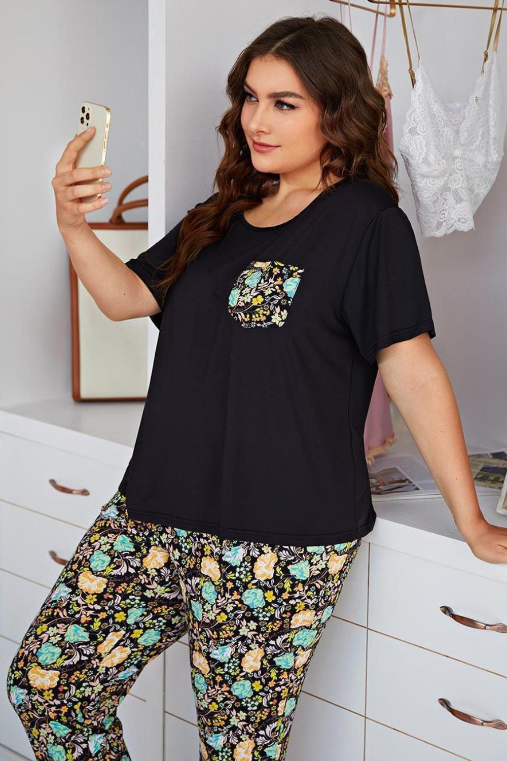 Hazel Blues® | Contrast Round Neck Tee and Floral Pants Lounge Set