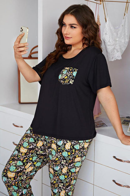 Hazel Blues® | Contrast Round Neck Tee and Floral Pants Lounge Set