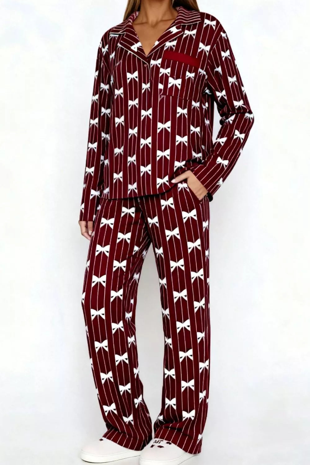 Hazel Blues® |  Bow Print Top and Wide Leg Pants Lounge Set