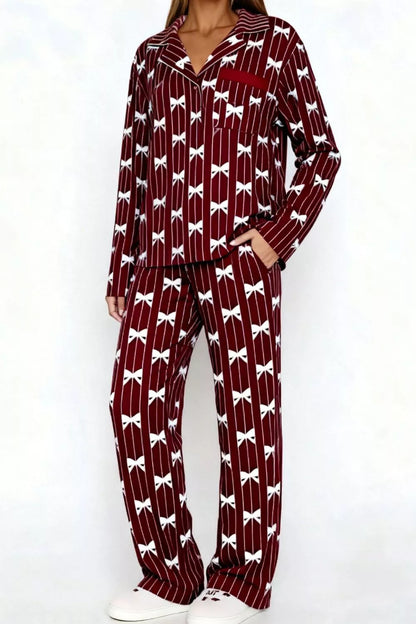 Hazel Blues® |  Bow Print Top and Wide Leg Pants Lounge Set