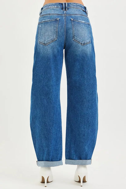 Hazel Blues® | RISEN Mid Rise Barrel Double Roll Up Jeans