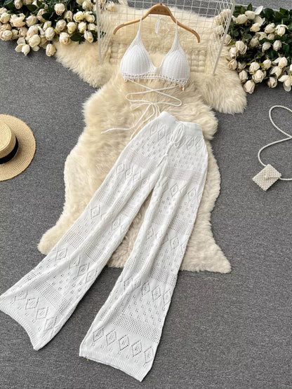 Hazel Blues® |  Crochet Knit Halter Neck Top and Wide Leg Pants Set