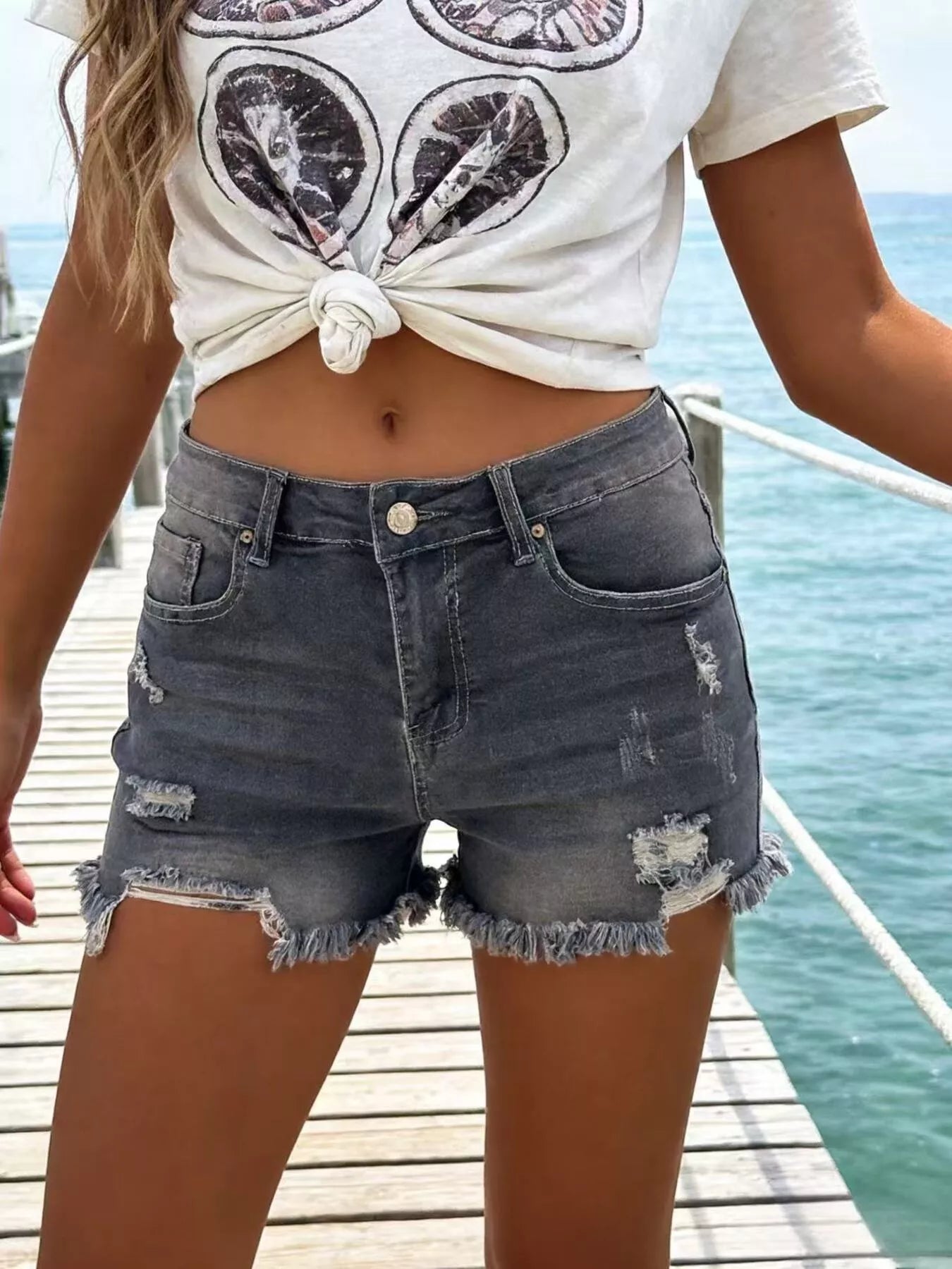 Hazel Blues® |  Distressed Frayed Hem Denim Shorts