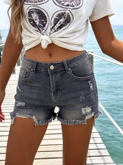 Hazel Blues® |  Distressed Frayed Hem Denim Shorts