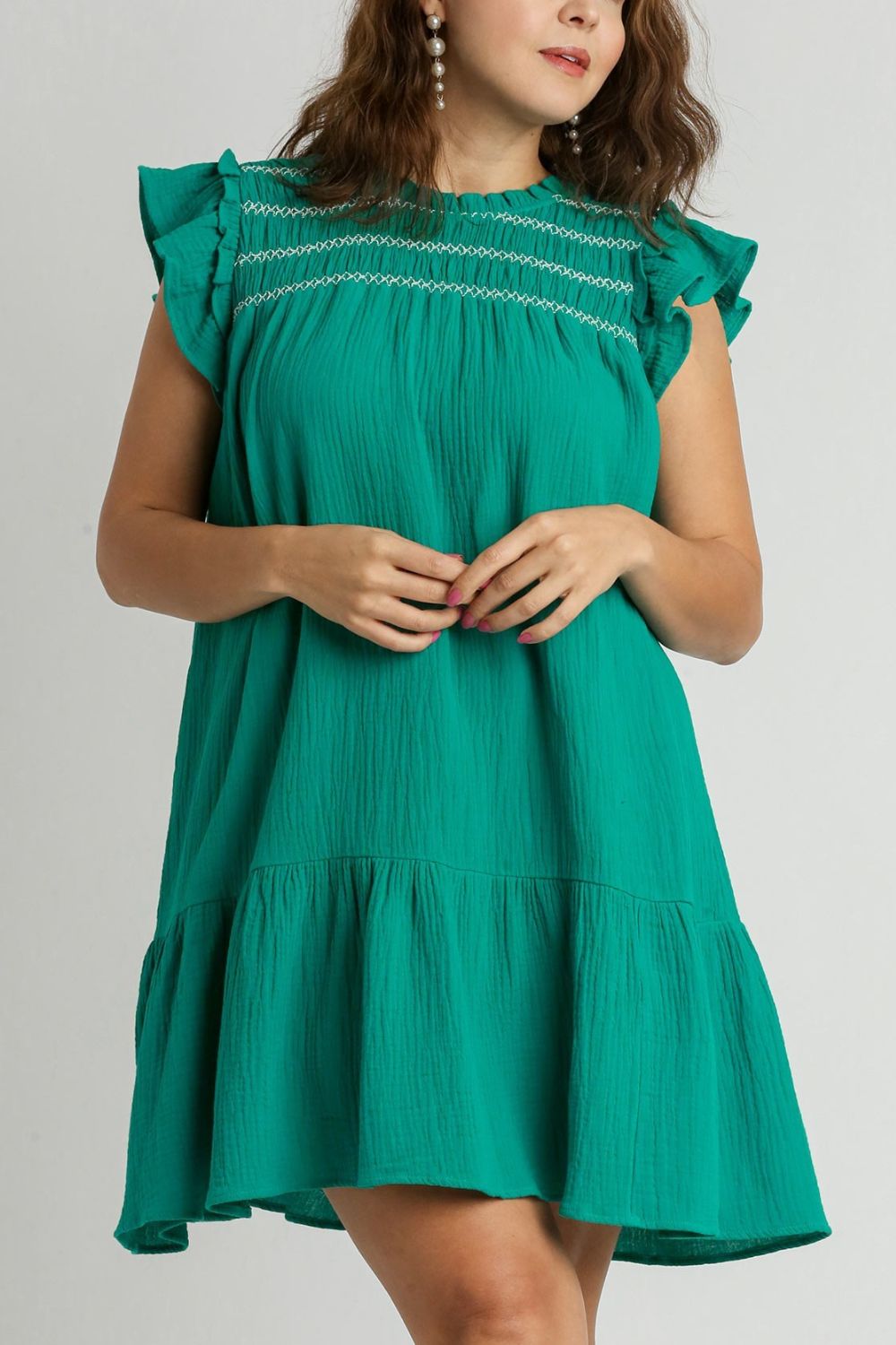 Hazel Blues® | Umgee Smocked Contrast Stitching Ruffle Cap Sleeve Round Neck Dress