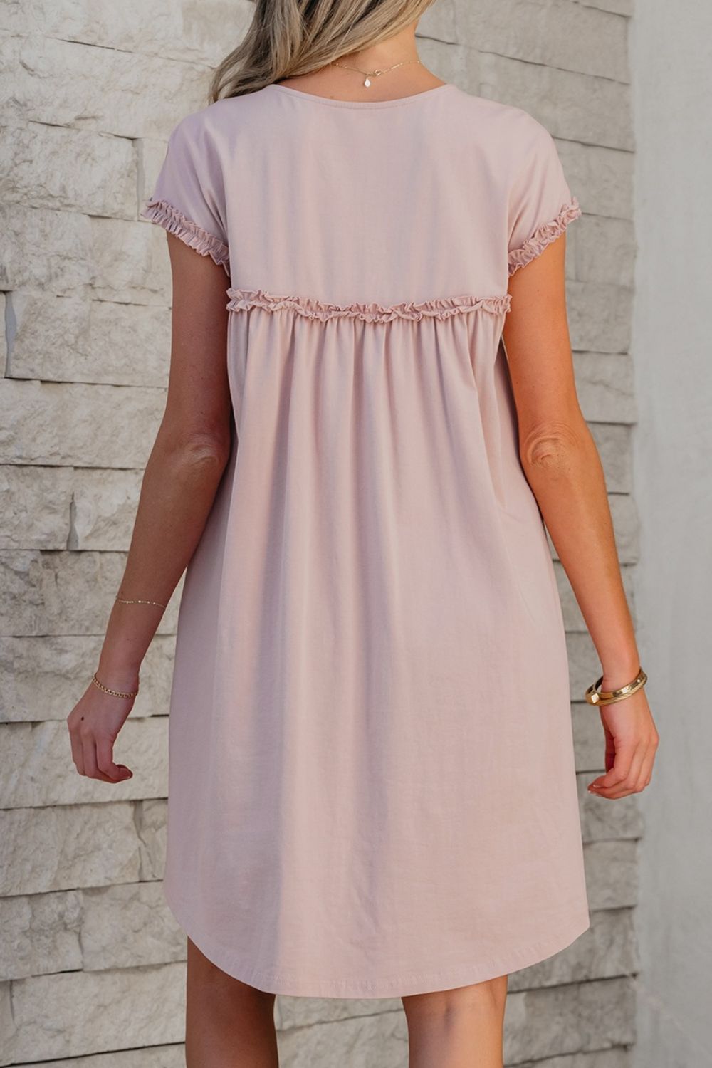 Hazel Blues® |  Frilled Trim Crew Neck Cap Sleeve Loose Fit Mini Dress