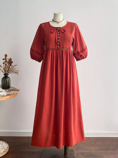 Hazel Blues® | Tie Neck Puff Sleeve Midi Dress with Lace Trim