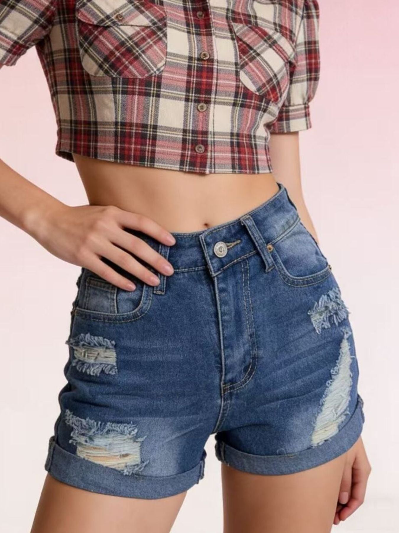 Hazel Blues® |  Distressed High-Waisted Denim Shorts