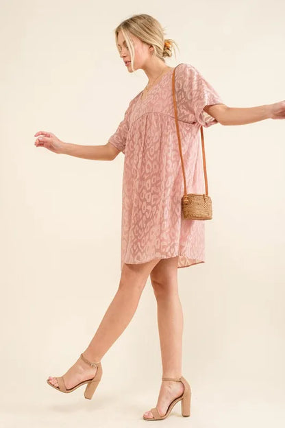 Hazel Blues® |  And The Why Woven Leopard Baby Doll Roll-Sleeve Casual Dress