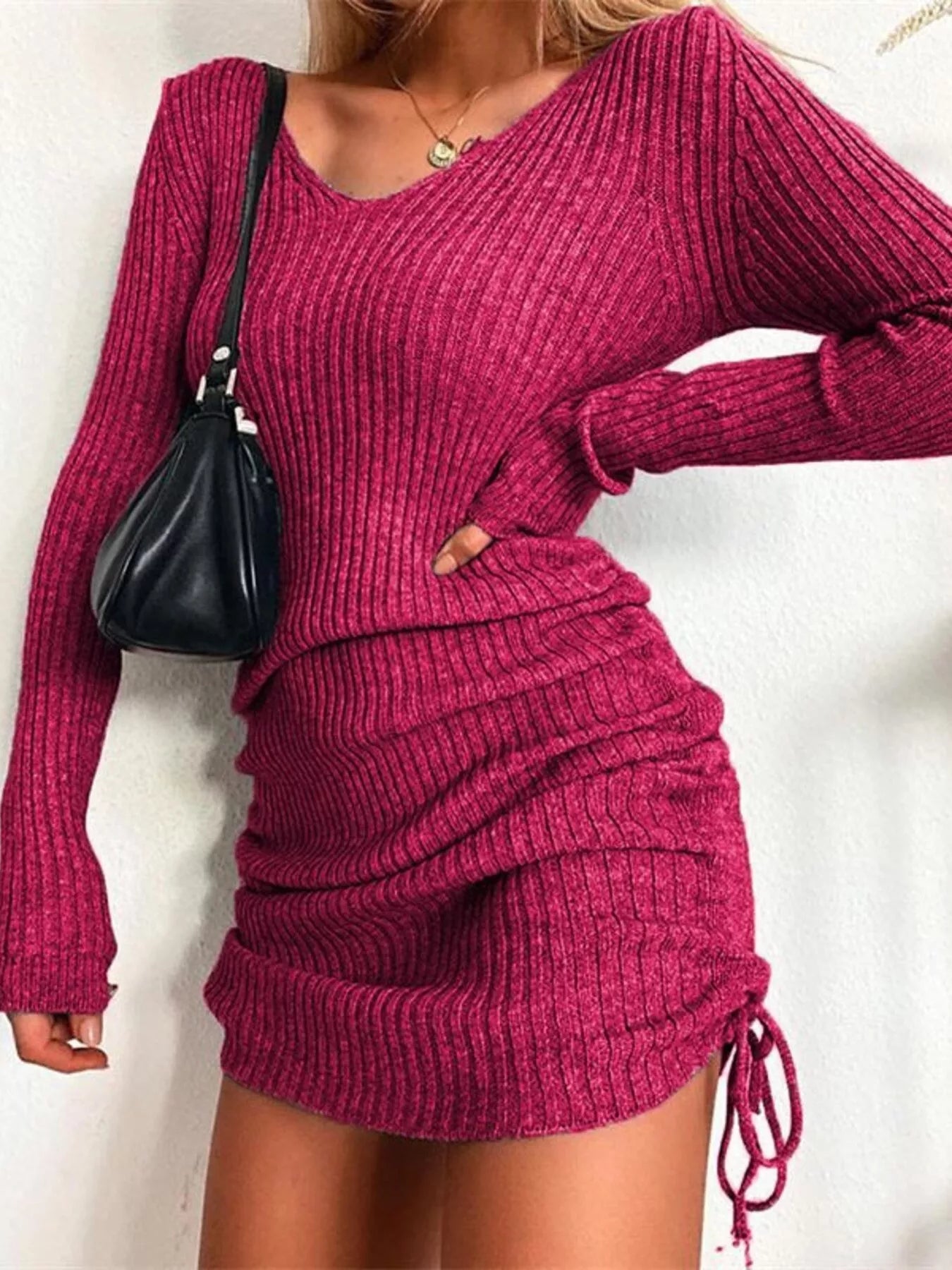 Hazel Blues® | Ribbed Knit Drawstring Bodycon Sweater Dress