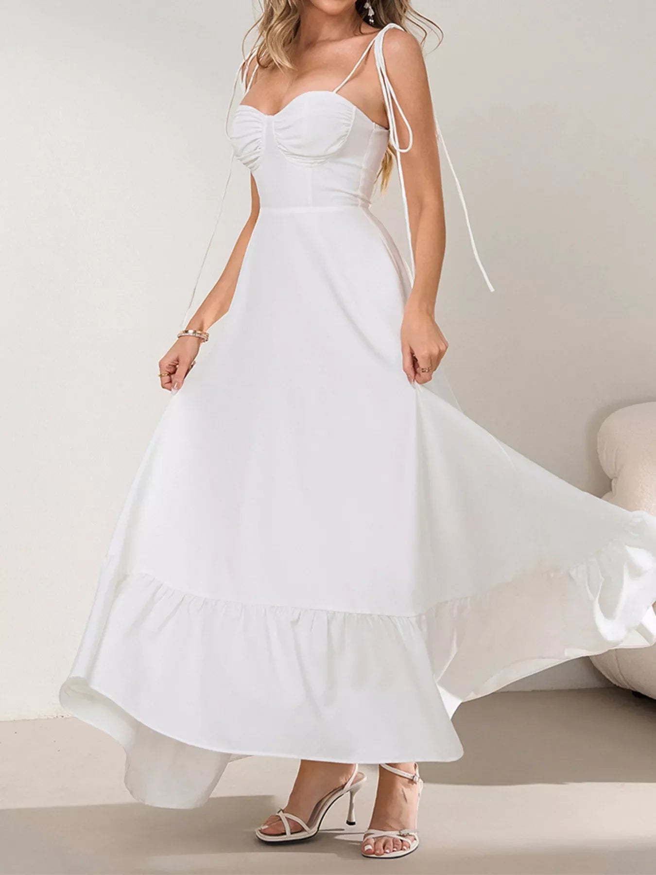 Hazel Blues® |  Sweetheart Neck Tie-Strap Ruffle Hem Maxi Dress