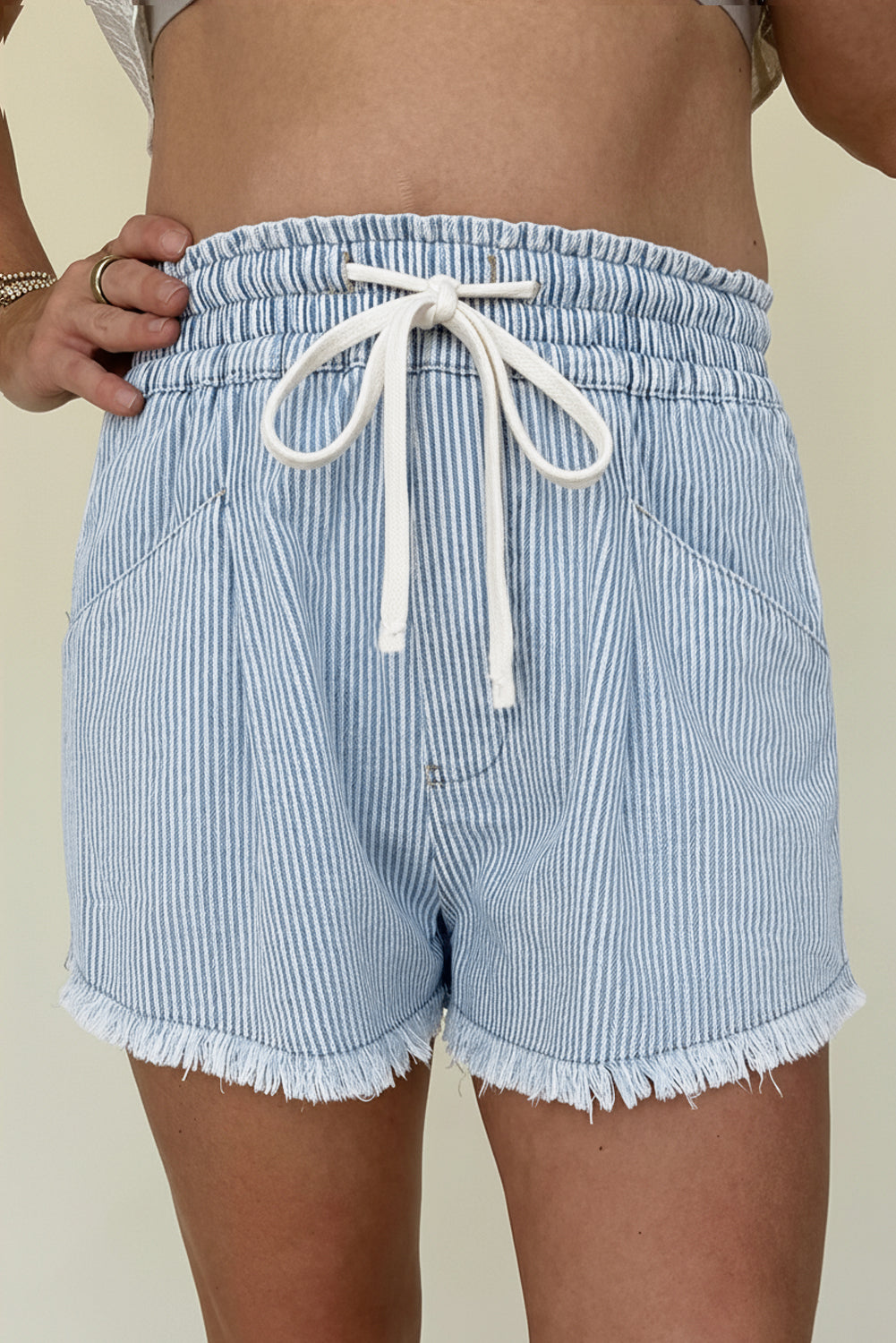 Hazel Blues® |  Black Stripe Raw Edge Drawstring Elastic Waist Casual Denim Shorts