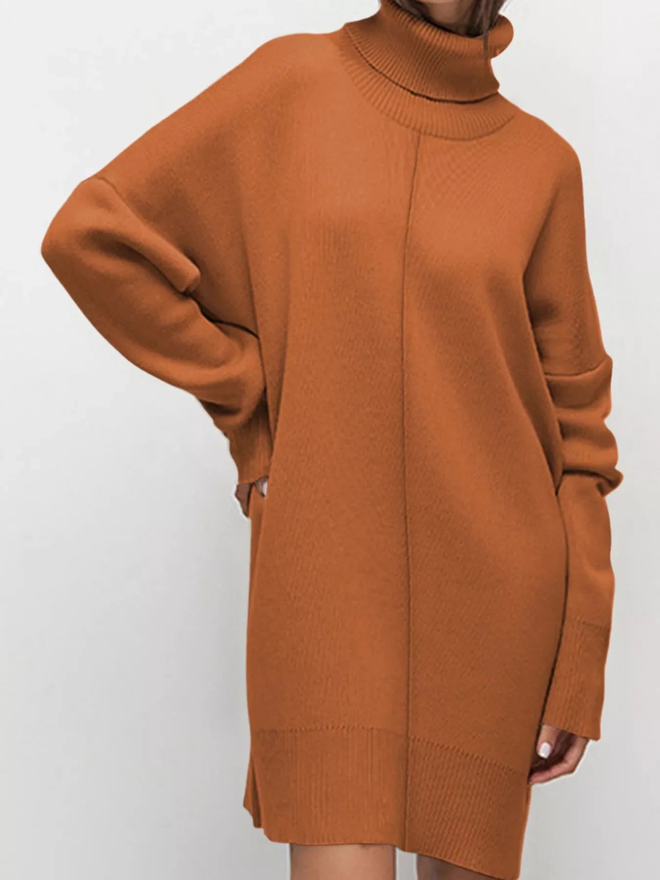 Hazel Blues® |  Solid Color Turtleneck Drop Shoulder Loose Sweater Dress