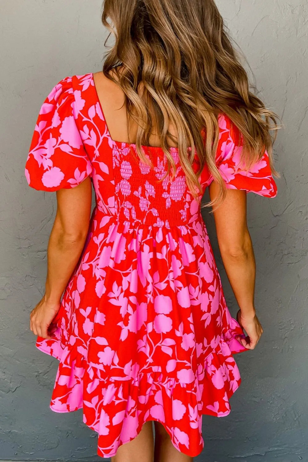 Hazel Blues® |  Floral Puff Sleeve Sweetheart Neck Ruffled Mini Dress