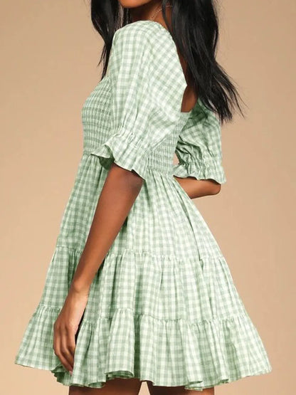 Hazel Blues® |  Ruffled Hem Plaid Half Sleeve Mini Dress