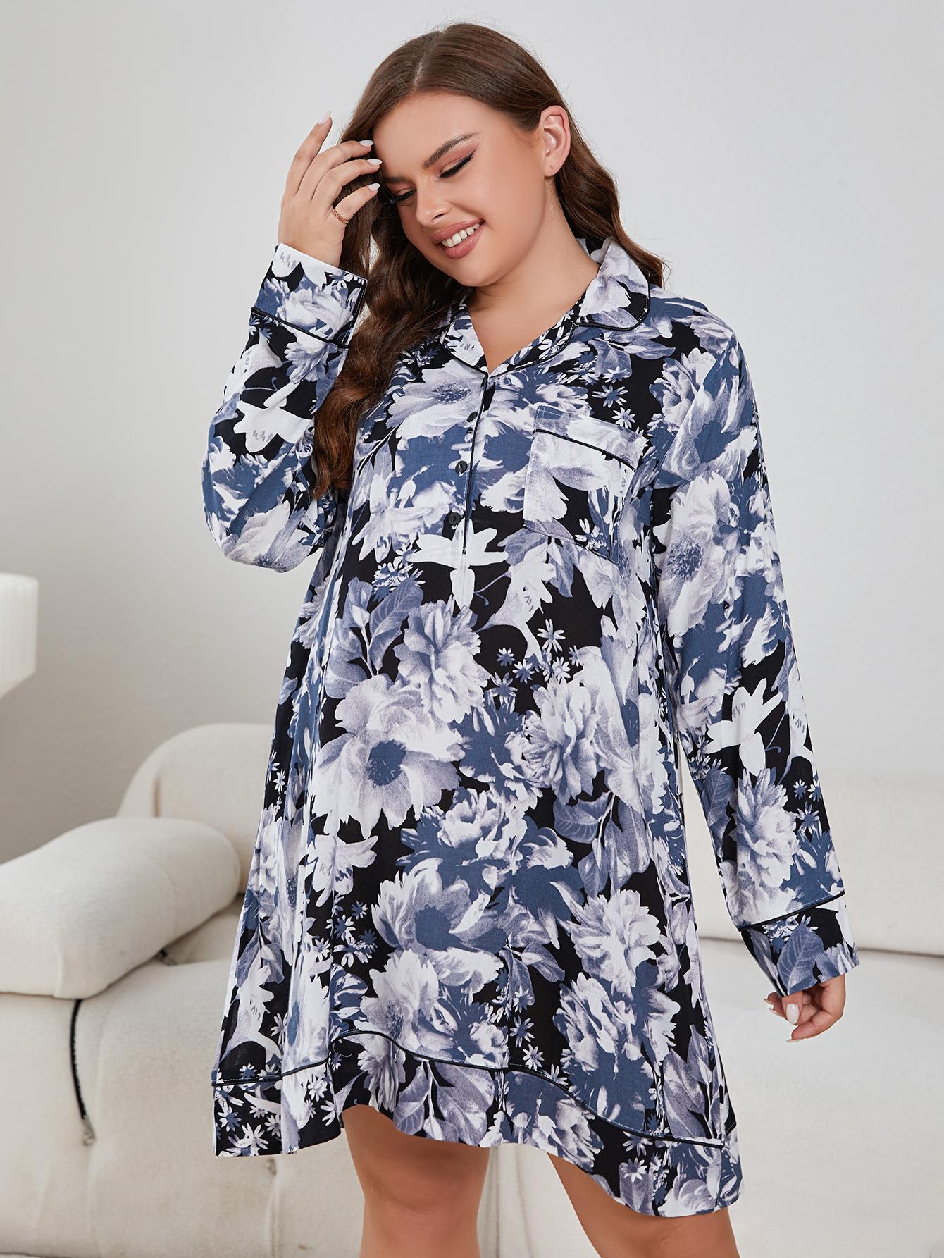 Hazel Blues® | Floral Lapel Collar Long Sleeve Night Dress