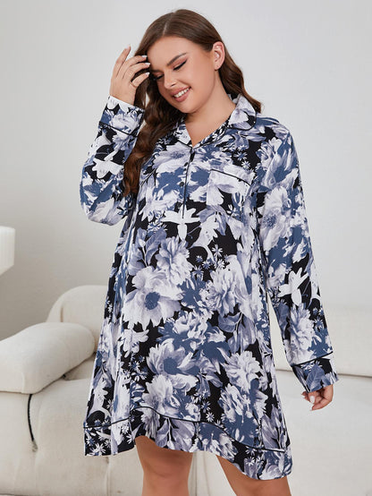 Hazel Blues® | Floral Lapel Collar Long Sleeve Night Dress