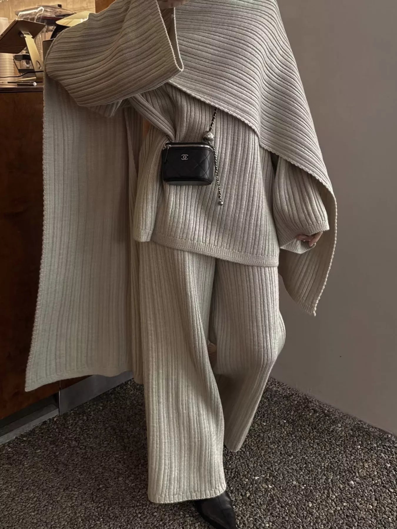Hazel Blues® |  3-Piece Crew Neck Ribbed Sweater and Wide-Leg Pants Set with Scarf