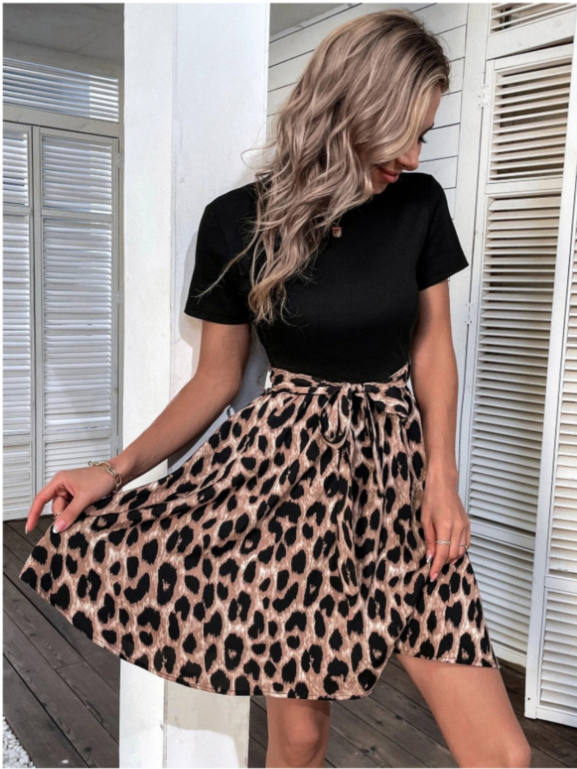 Hazel Blues® |  Tied Front Contrast Leopard Short Sleeve Mini Dress