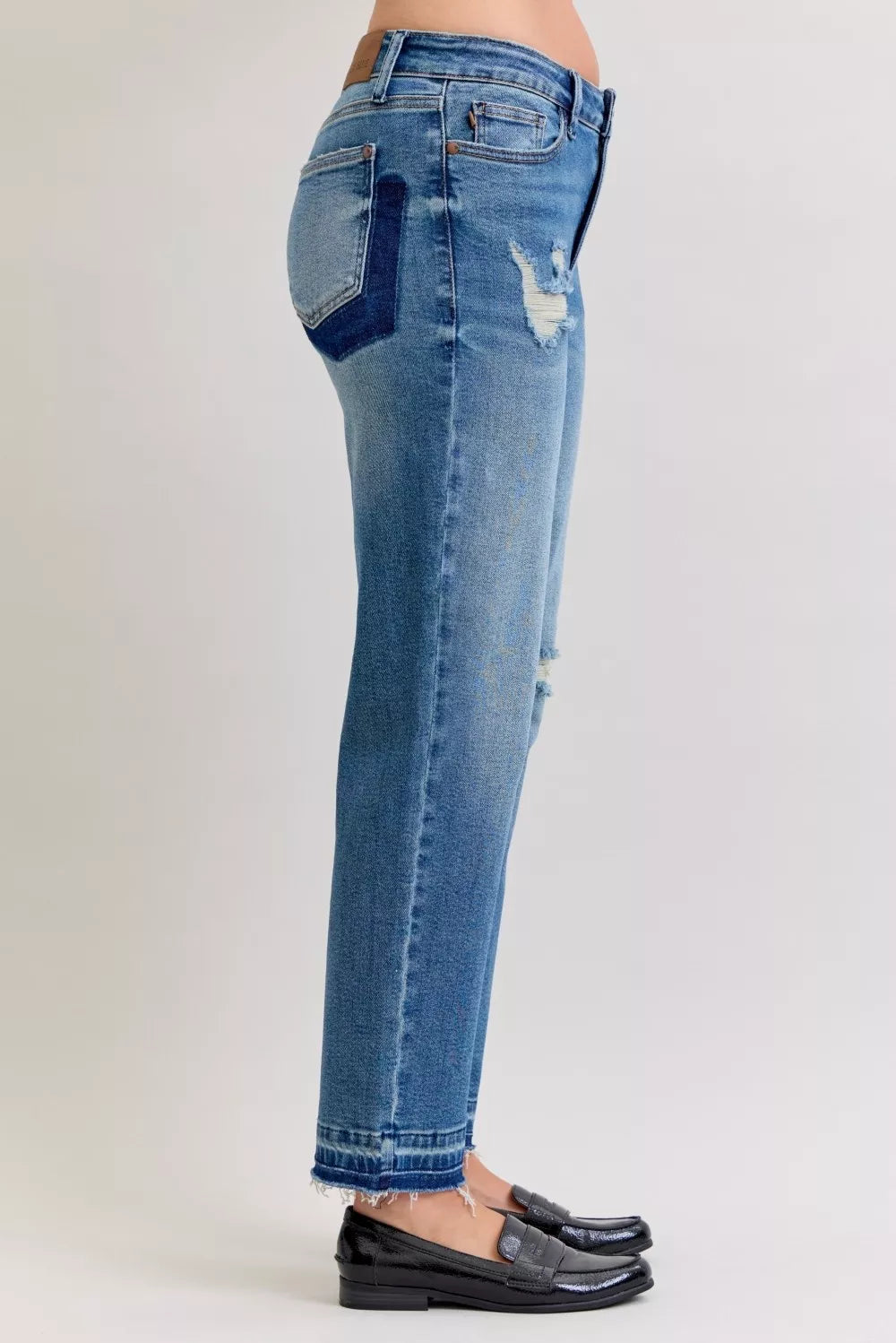Hazel Blues® | Judy Blue Mid Rise Bf Patch & Repair Destroy Release Hem Jeans