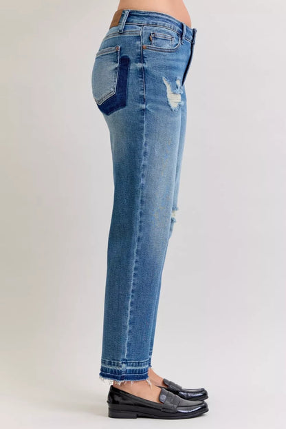 Hazel Blues® | Judy Blue Mid Rise Bf Patch & Repair Destroy Release Hem Jeans