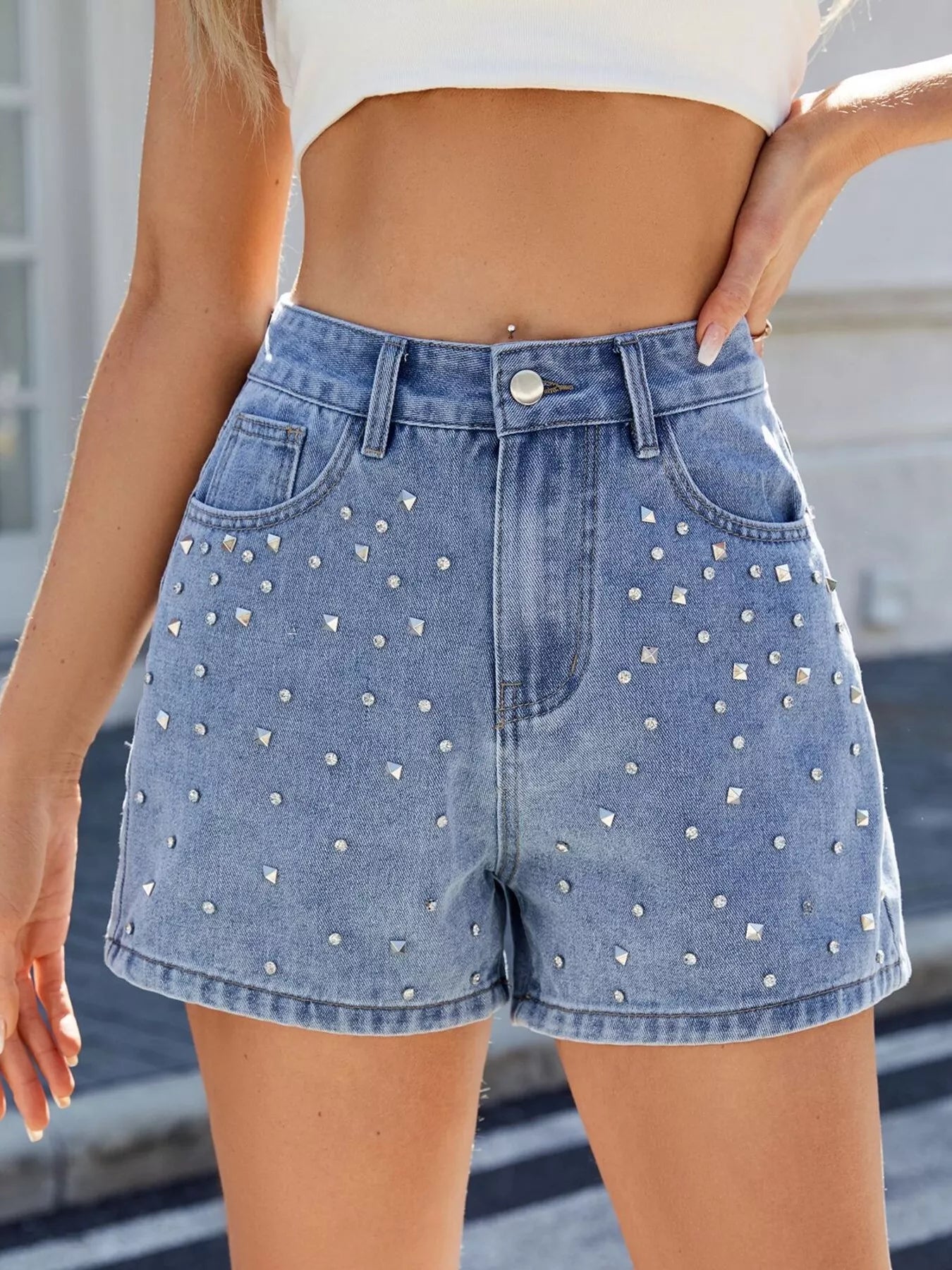 Hazel Blues® |  Studded High Waist Denim Shorts