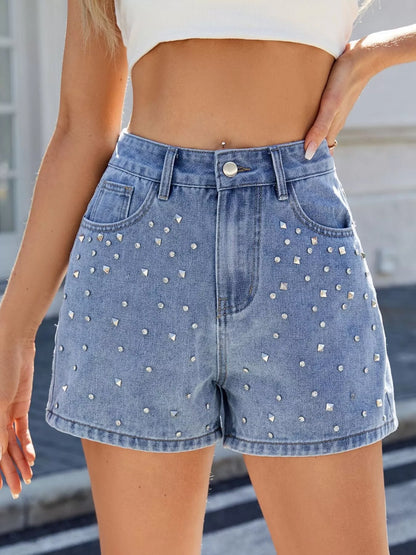 Hazel Blues® |  Studded High Waist Denim Shorts