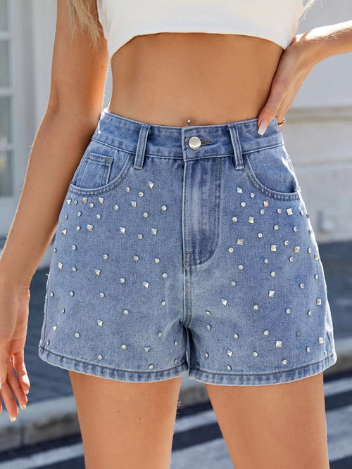 Hazel Blues® |  Studded High Waist Denim Shorts