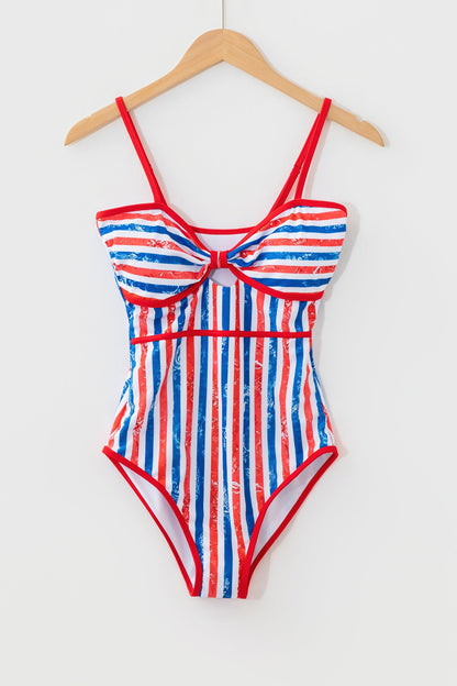Hazel Blues® | Red July 4th Stripes Star Floral Impression Cutout Spaghetti Straps One Piece Swimsuit