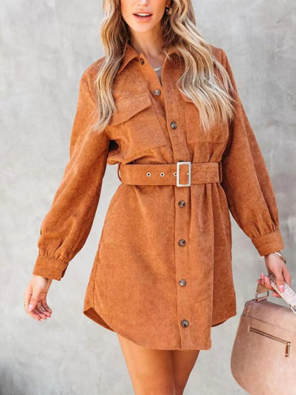 Hazel Blues® |  Button Front Belt Long Sleeve Corduroy Dress