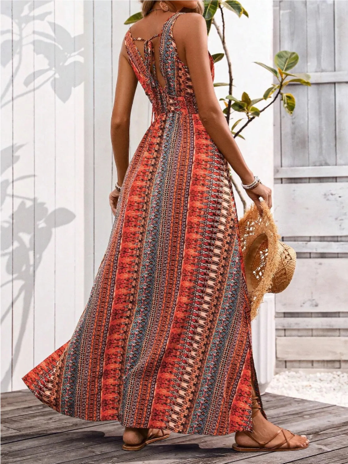 Hazel Blues® |  Tied Back Printed Sleeveless Maxi Slit Dress