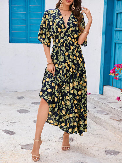 Hazel Blues® |  Printed V-Neck Ruffle Hem Flowy Midi Dress