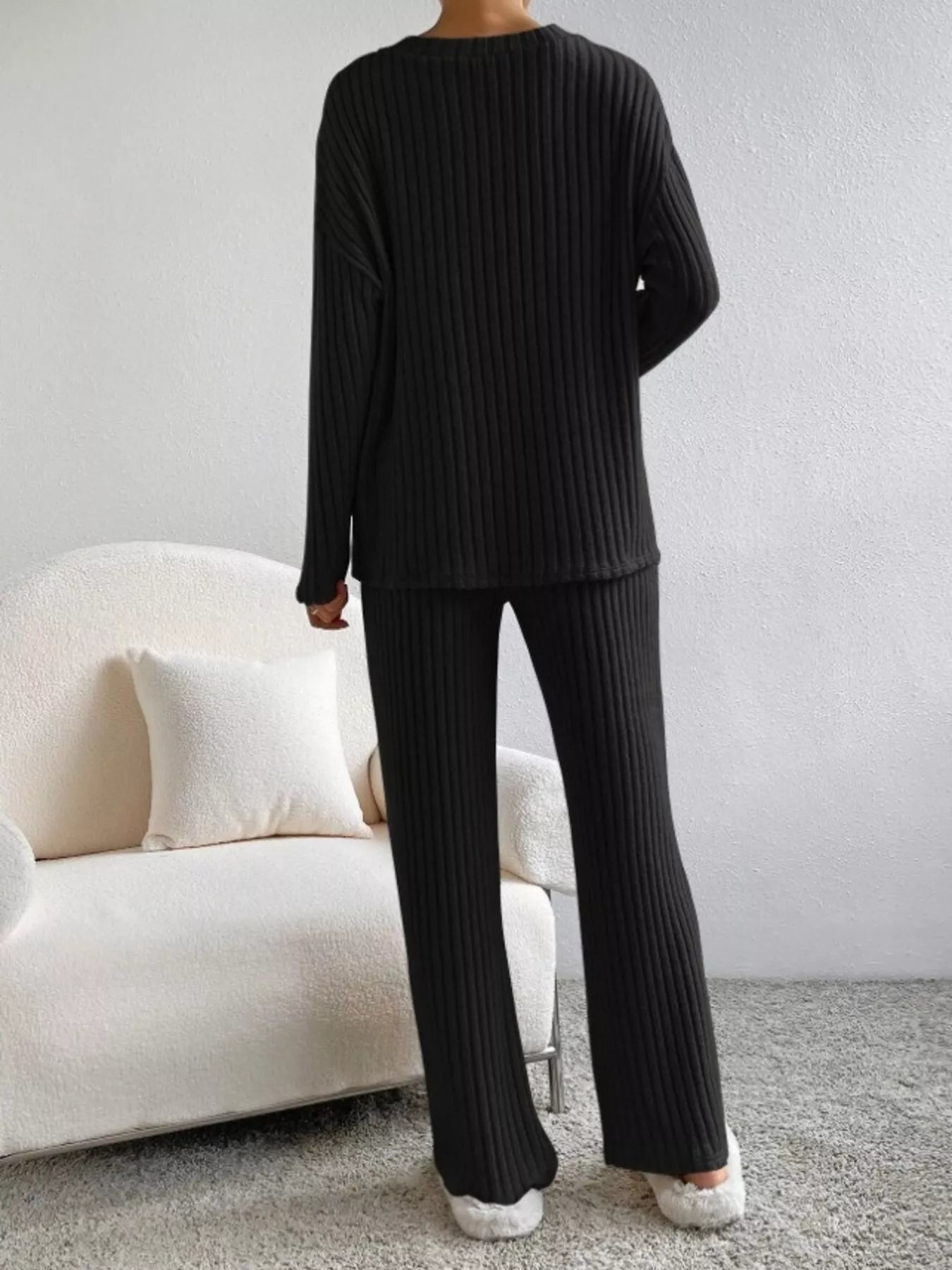 Hazel Blues® |  Ribbed Knit V-Neck Top and Pants Set