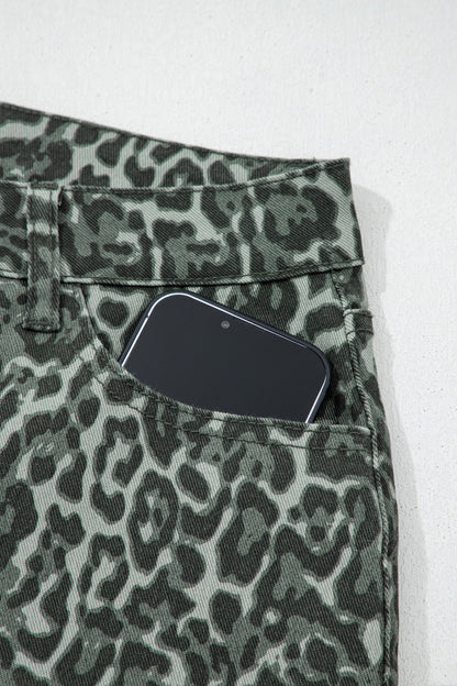 Hazel Blues® |  Gray Leopard Frayed Edge Wide Leg High Waist Jeans